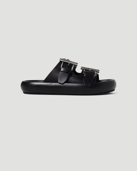 Black Leather Slides with Buckle