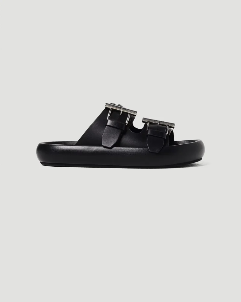 Black Leather Slides with Buckle