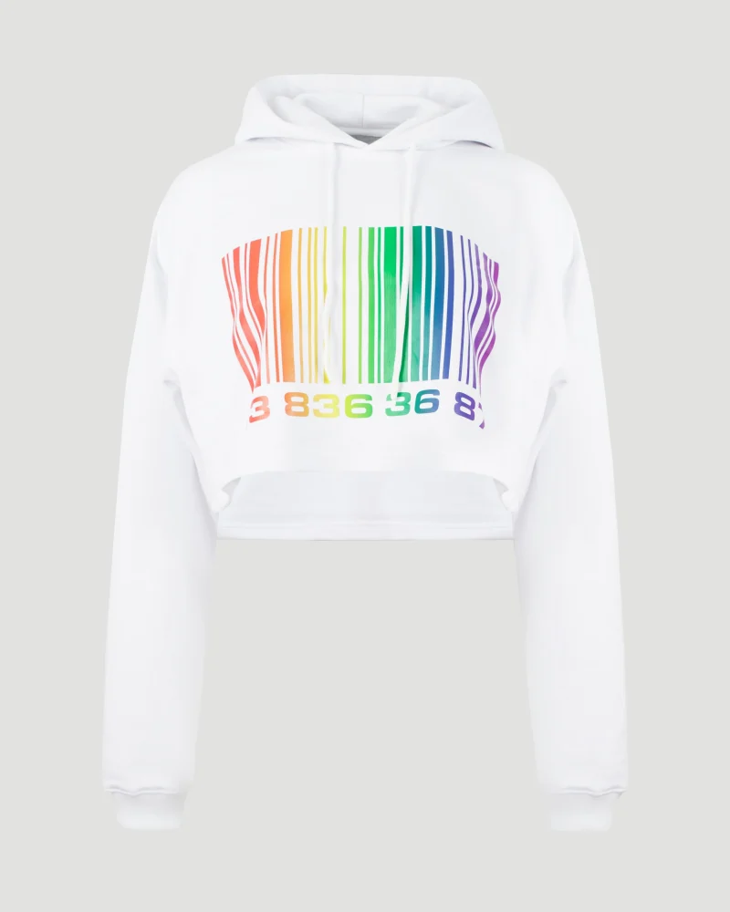 Barcode Cropped Hoodie in White
