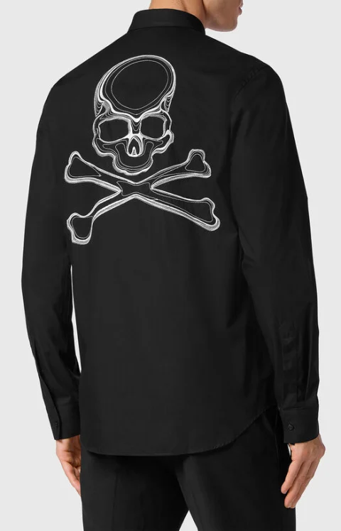 Черна риза SKULL & BONES с бродерия — снимка 2