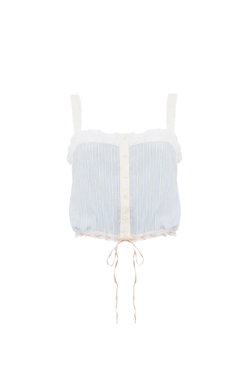 Striped Lace-Trim Silk Camisole in Blue