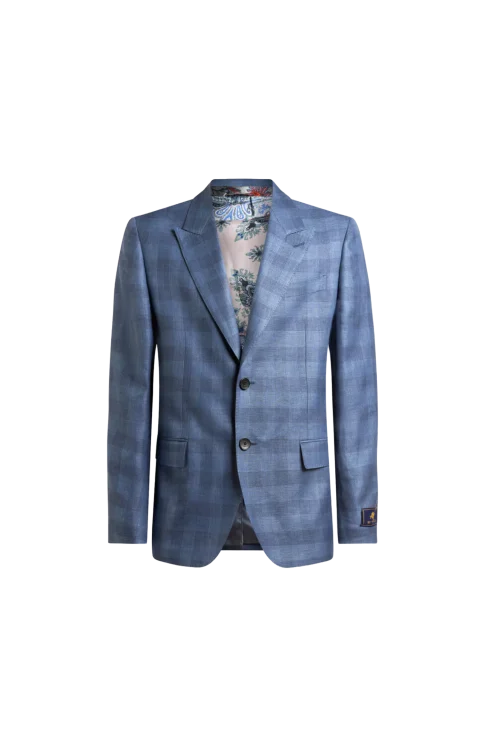 Single-Breasted Linen-Blend Jacquard Jacket with Check Motif