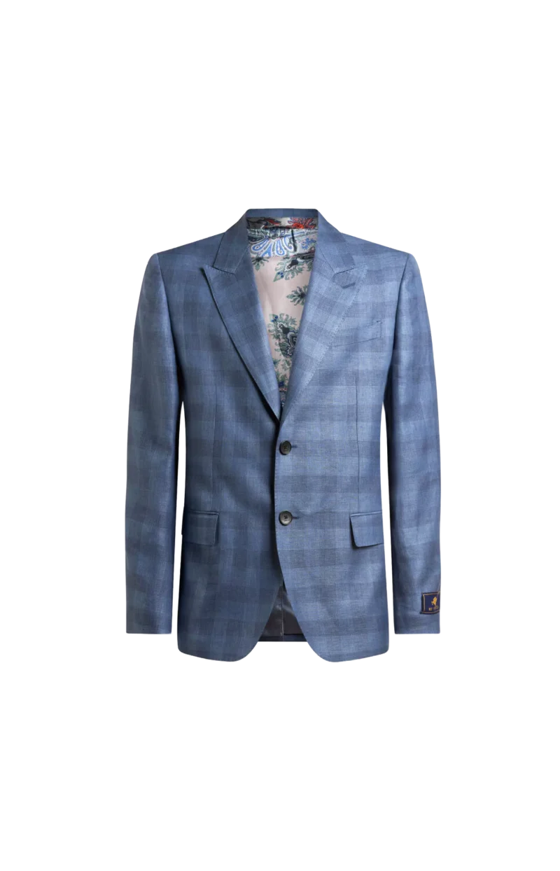 Single-Breasted Linen-Blend Jacquard Jacket with Check Motif