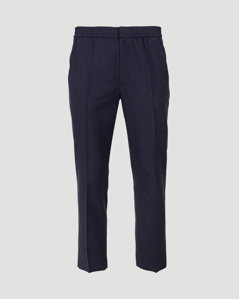 Wool Elasticated Waist Trousers in Navy Blue