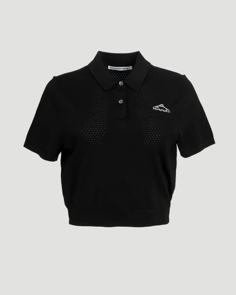 3D Logo Mesh Cropped Polo in Black