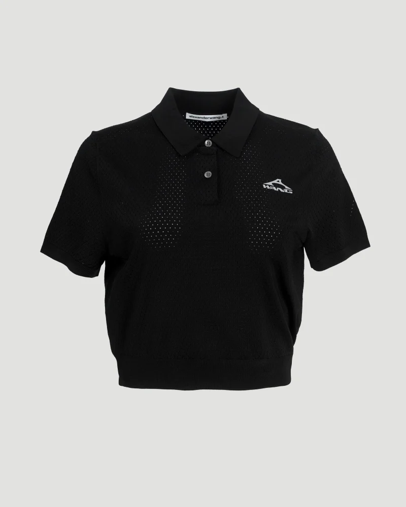 3D Logo Mesh Cropped Polo in Black