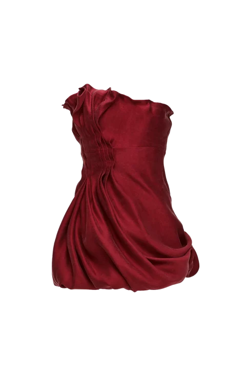 Asymmetric Pleated Silk Bubble Mini Dress in Red