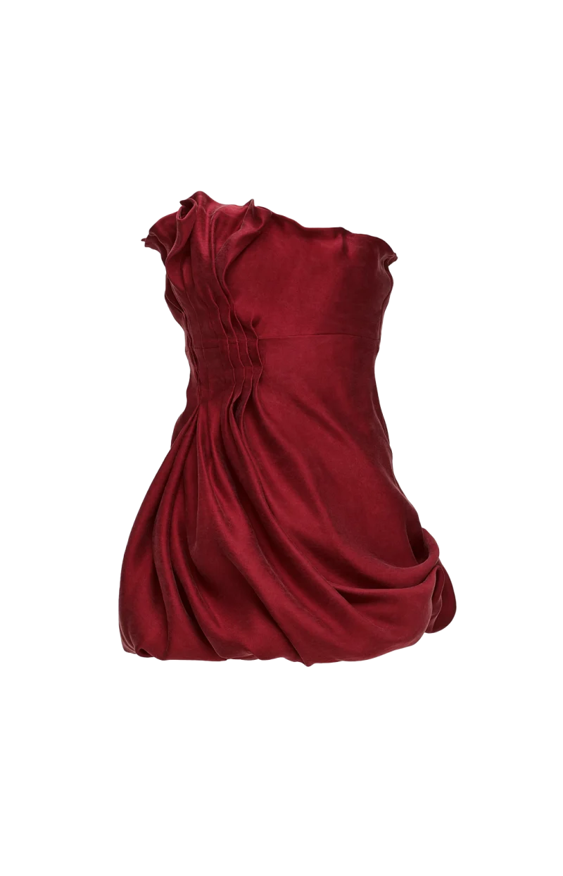 Asymmetric Pleated Silk Bubble Mini Dress in Red