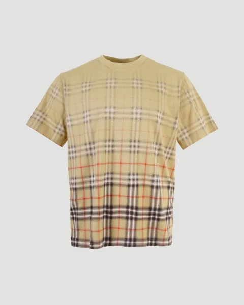 Gradient Check Cotton T-Shirt in Beige