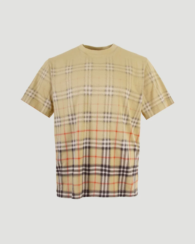 Gradient Check Cotton T-Shirt in Beige