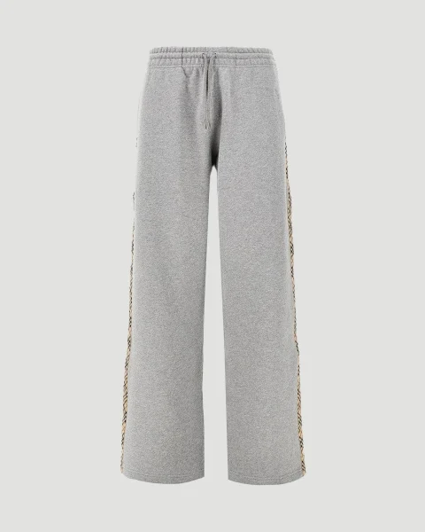 Check Trim Cotton Track Pants in Pale Grey Melange