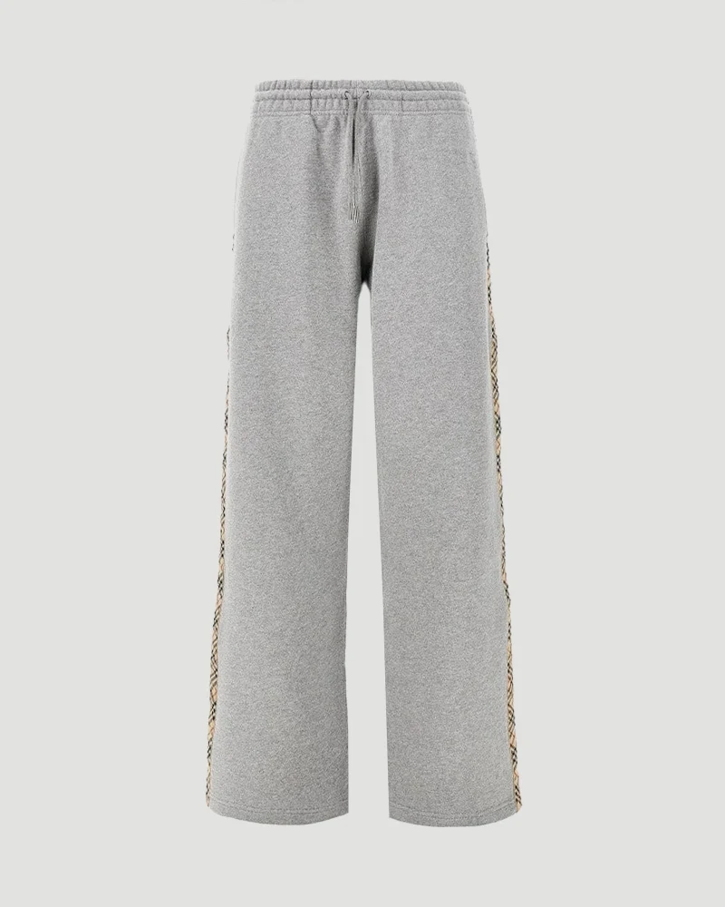 Check Trim Cotton Track Pants in Pale Grey Melange