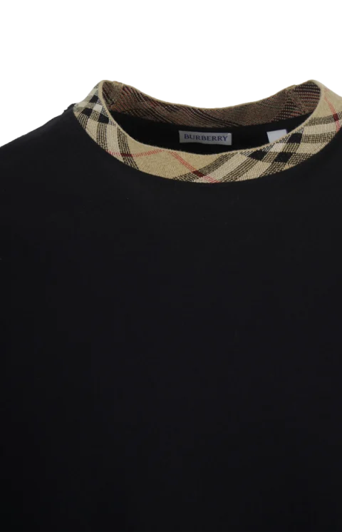 Check Trim Cotton T-Shirt in Black — снимка 3