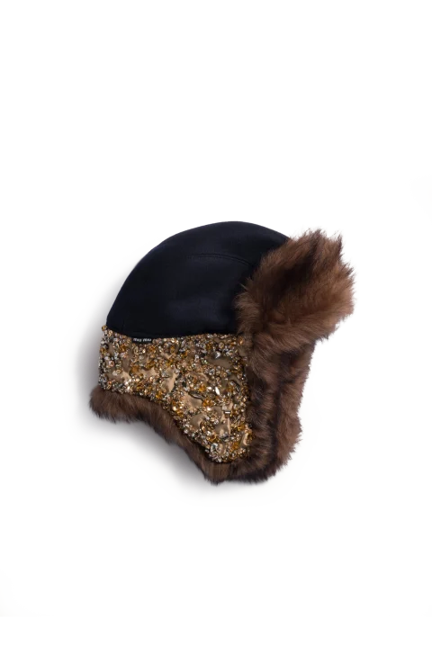 Embroidered Wool and Shearling Hat in Blue/Mahogany/Honey