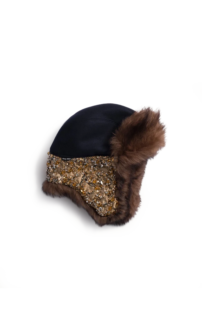 Embroidered Wool and Shearling Hat in Blue/Mahogany/Honey