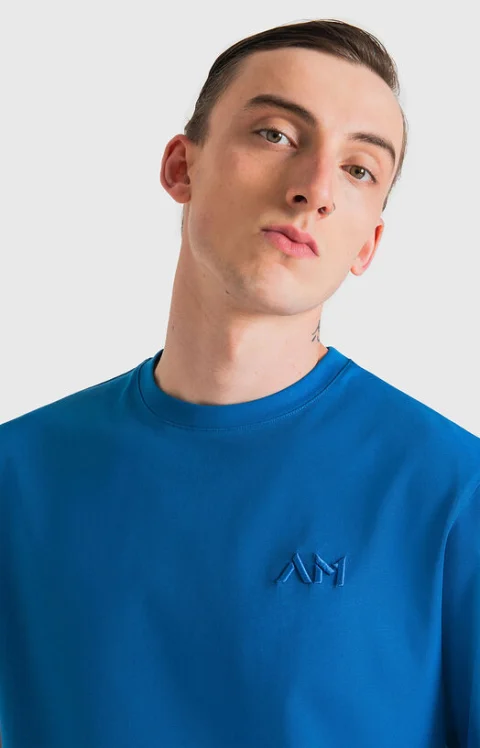 Синя памучна тениска с лого детайл — снимка 3