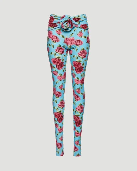 Flower Embellished Skinny Leggings in Blue Print