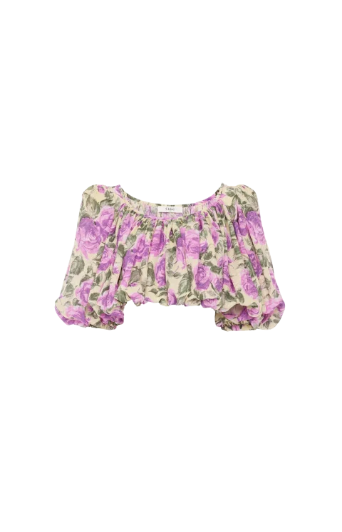 Cropped Puff-Sleeve Top in Silk Jacquard
