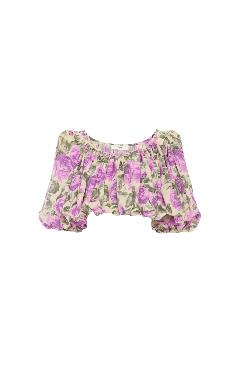 Cropped Puff-Sleeve Top in Silk Jacquard