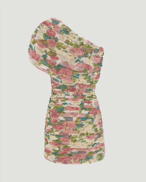 Ruched One-Shoulder Dress in Floral Tulle — снимка 2