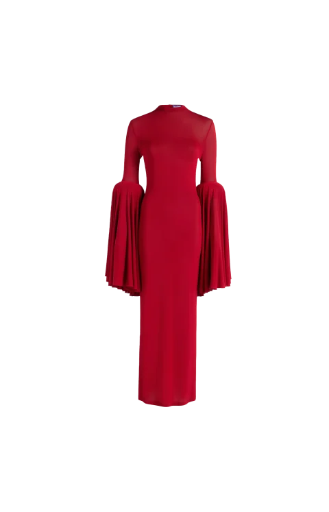 Long Viscose Dress with Rounded Sleeves in Red