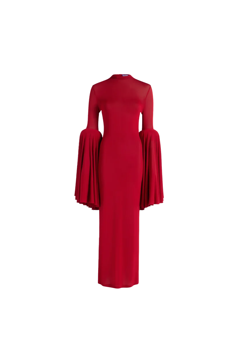 Long Viscose Dress with Rounded Sleeves in Red