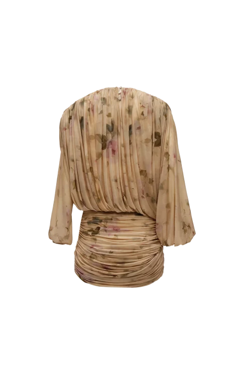 Gathered Cupro Mini Dress in Beige Floral Print — снимка 2