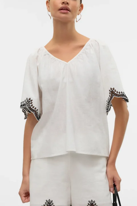 Top Vmdiana 2/4 V-Neck Wvn Btq 10329098 11-0602 TCX snow white — снимка 2