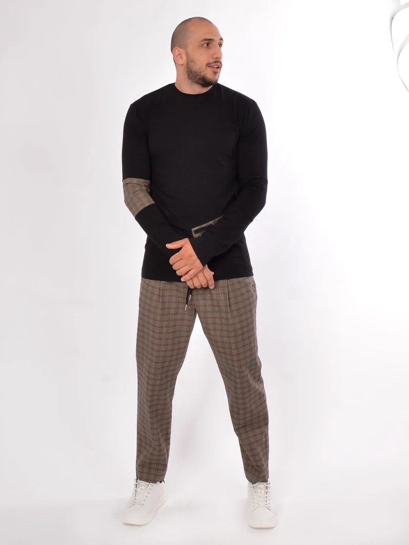 Черна блуза с карирани детайли Long sleeve checked t-shirt — снимка 2