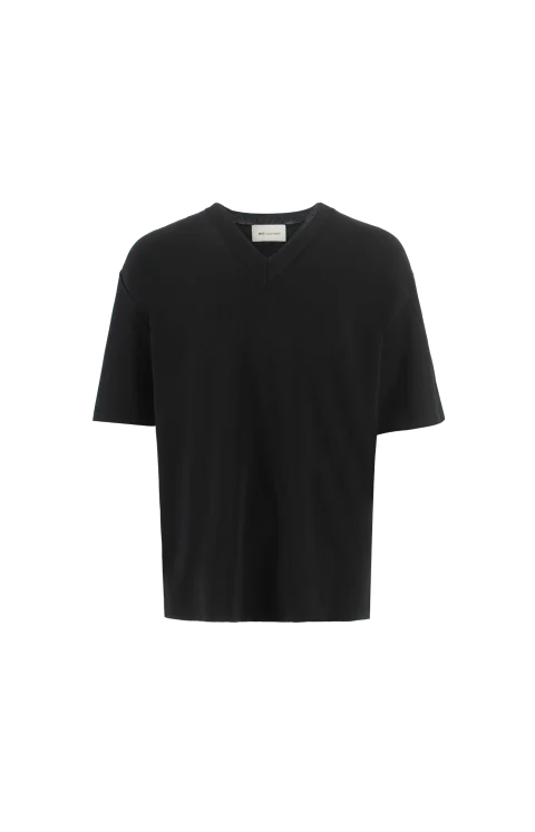 Wool Short Sleeve V-Neck Sweater in Black