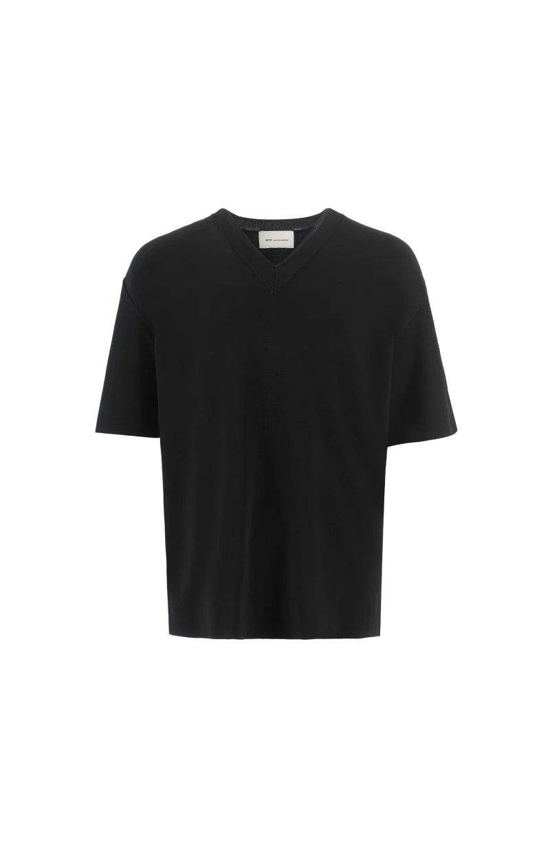 Wool Short Sleeve V-Neck Sweater in Black
