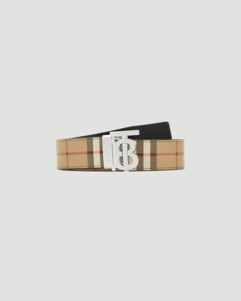 Reversible Check TB Belt in Archive Beige/Silver