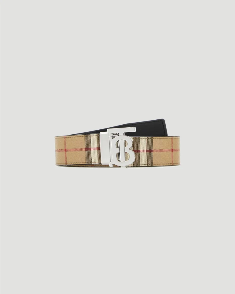 Reversible Check TB Belt in Archive Beige/Silver