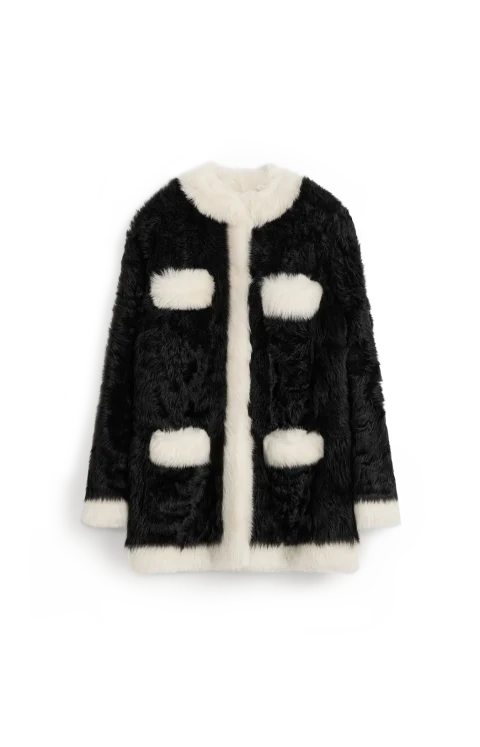 Silky Shearling Pocket Jacket in Black/Natural