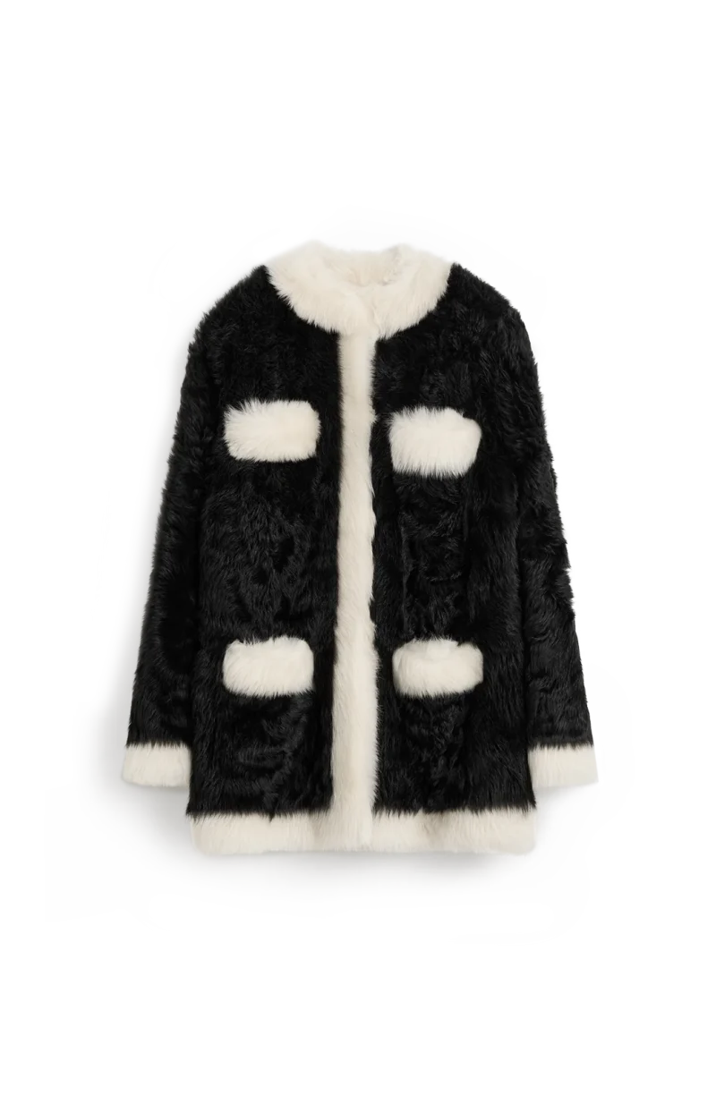 Silky Shearling Pocket Jacket in Black/Natural