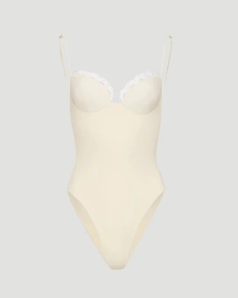 Crochet-Trim Bustier Swimsuit in Cream