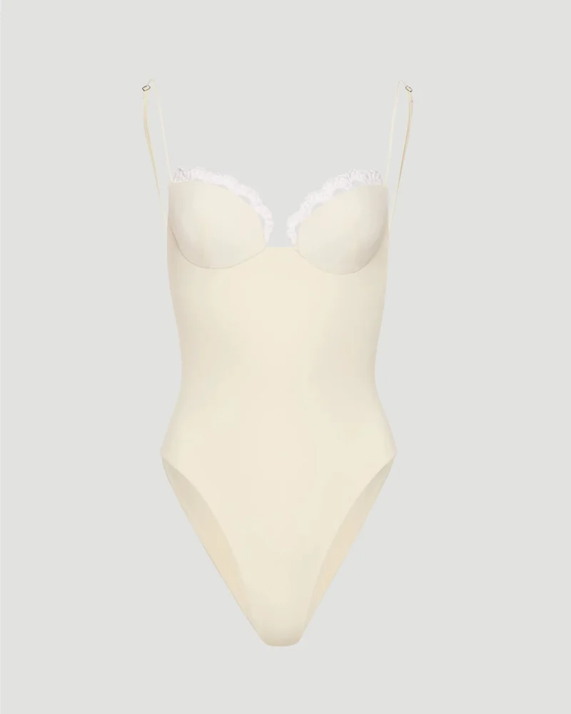 Crochet-Trim Bustier Swimsuit in Cream