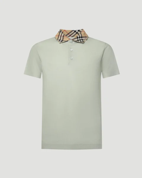 Check Collar Cotton Polo Shirt in Green