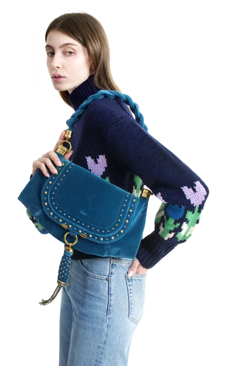 Studded Velvet Small Marcie Foulard Hobo Bag in Moon Blue — снимка 2