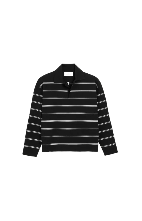 Black Striped Cotton Polo with Ami Patch