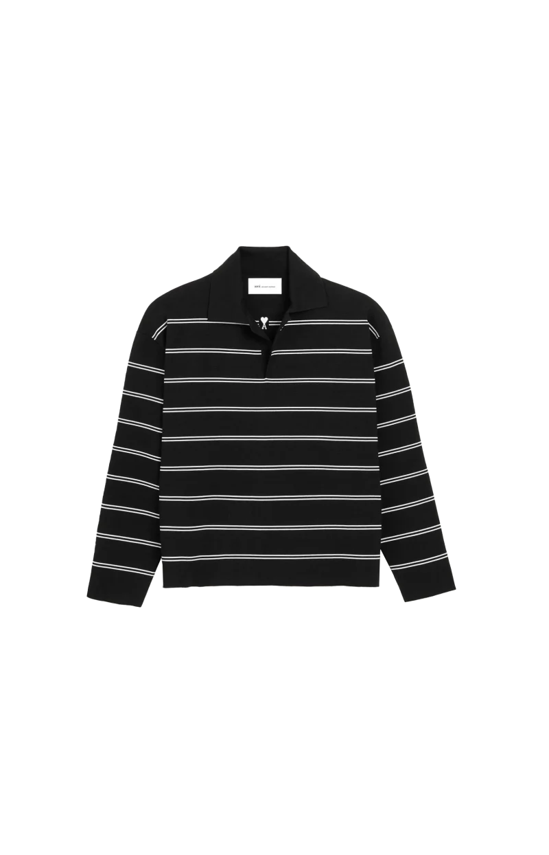 Black Striped Cotton Polo with Ami Patch