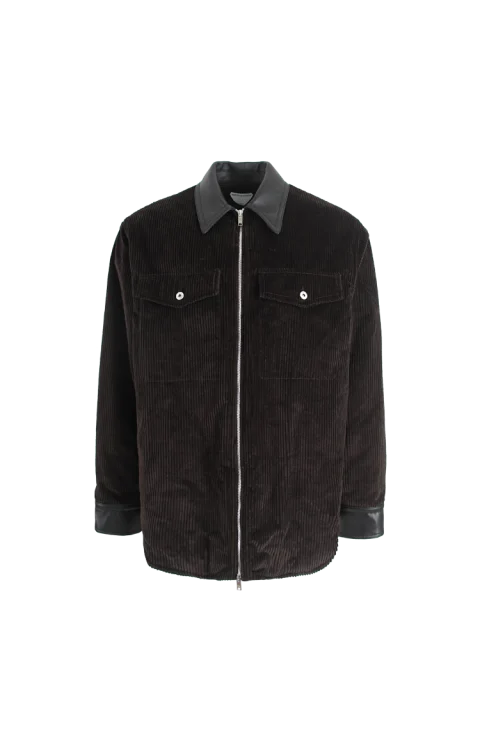 Cotton Corduroy Leather-Trim Shirt Jacket in Brown