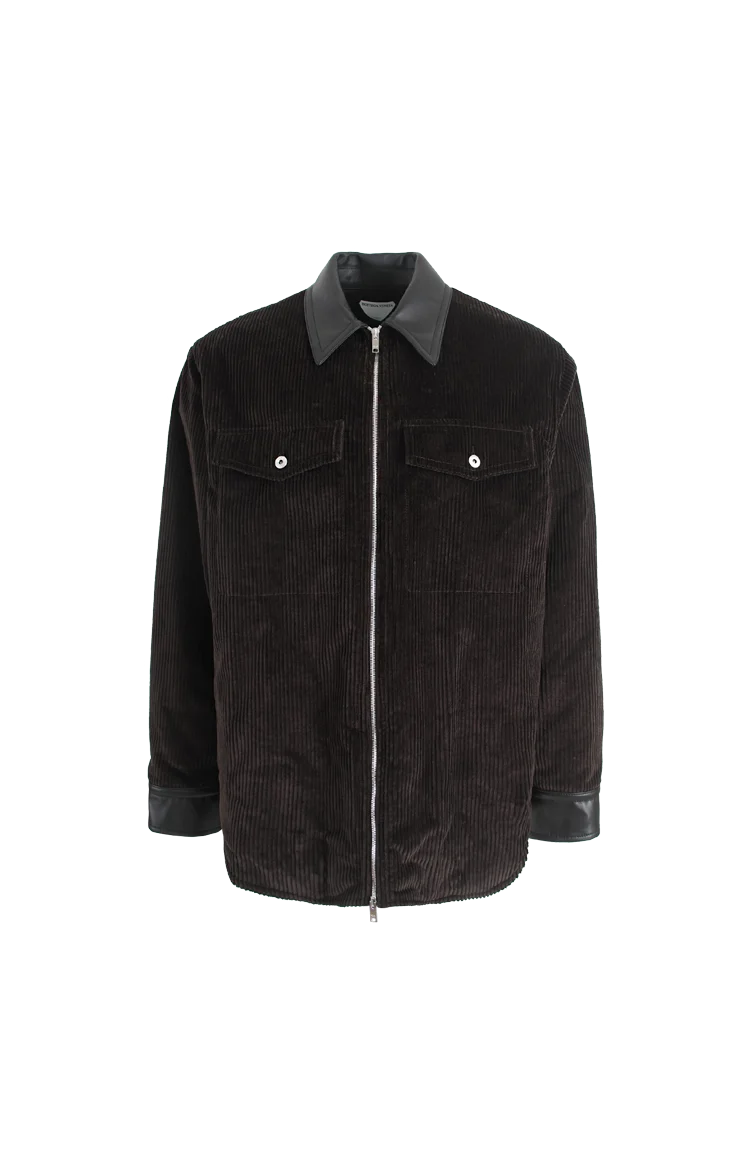 Cotton Corduroy Leather-Trim Shirt Jacket in Brown