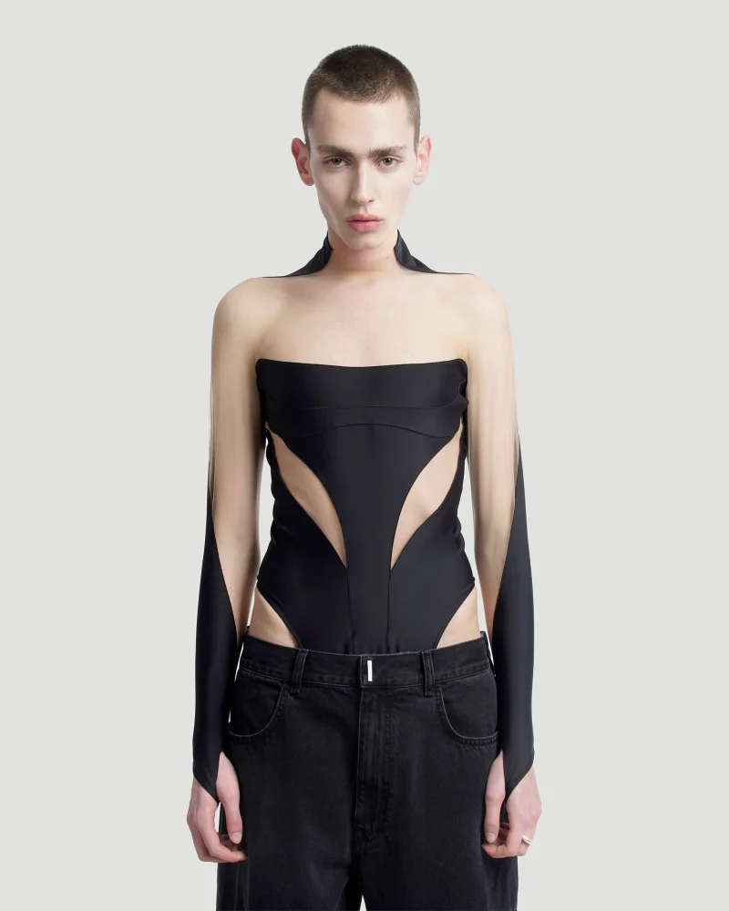 Cut Out Illusion Bodysuit in Black — снимка 2