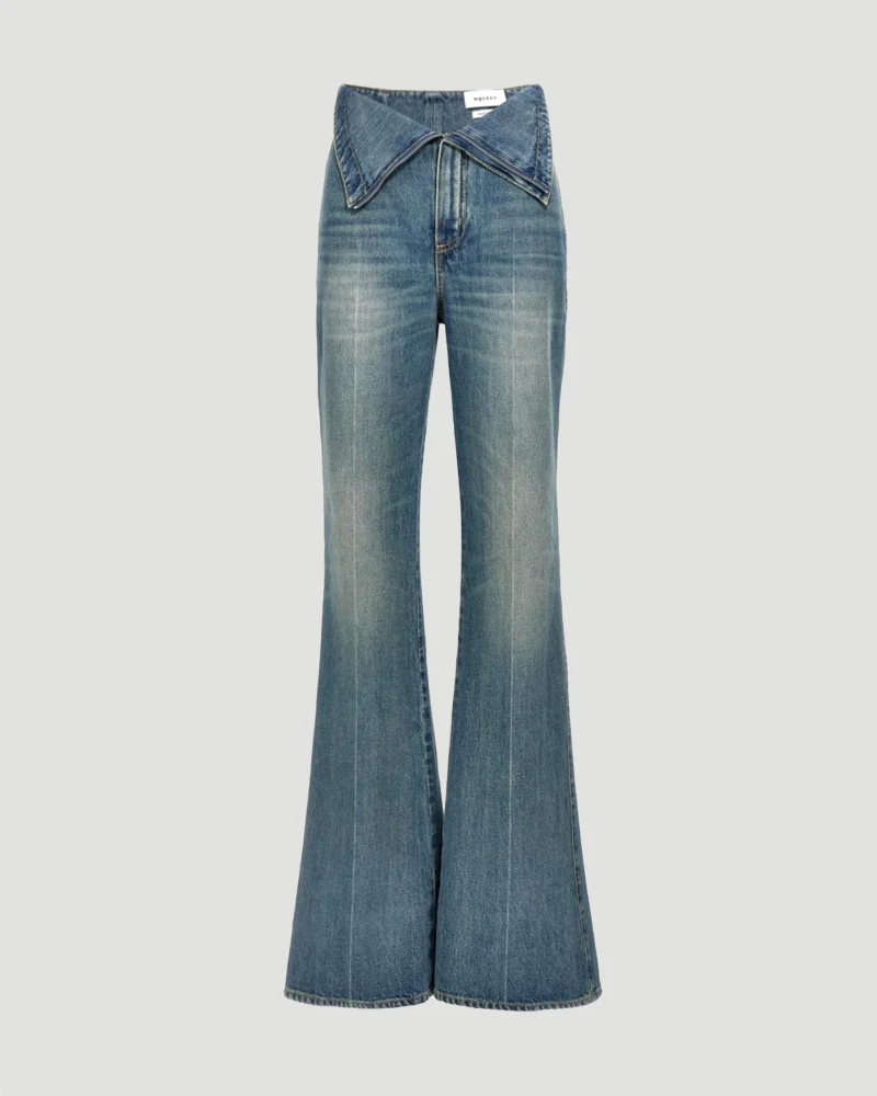 Fold Over Waist Jeans in Stone Washed