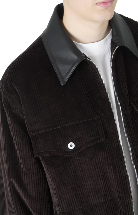 Cotton Corduroy Leather-Trim Shirt Jacket in Brown — снимка 2
