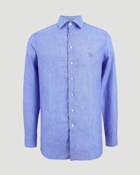 Linen Shirt with Pegaso in Light Blue