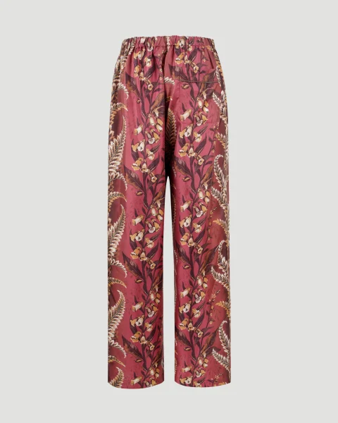 Silk Pants with Floral Motif in Brick Red — снимка 2