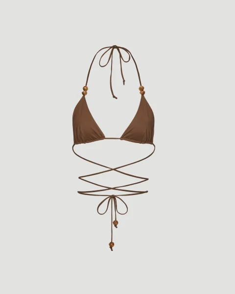 Strappy Triangle Bikini Top with Beads in Brown