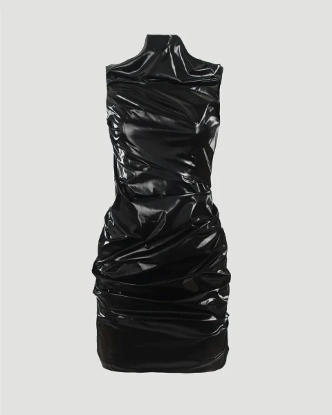 Laminated Jersey Mini Dress in Black